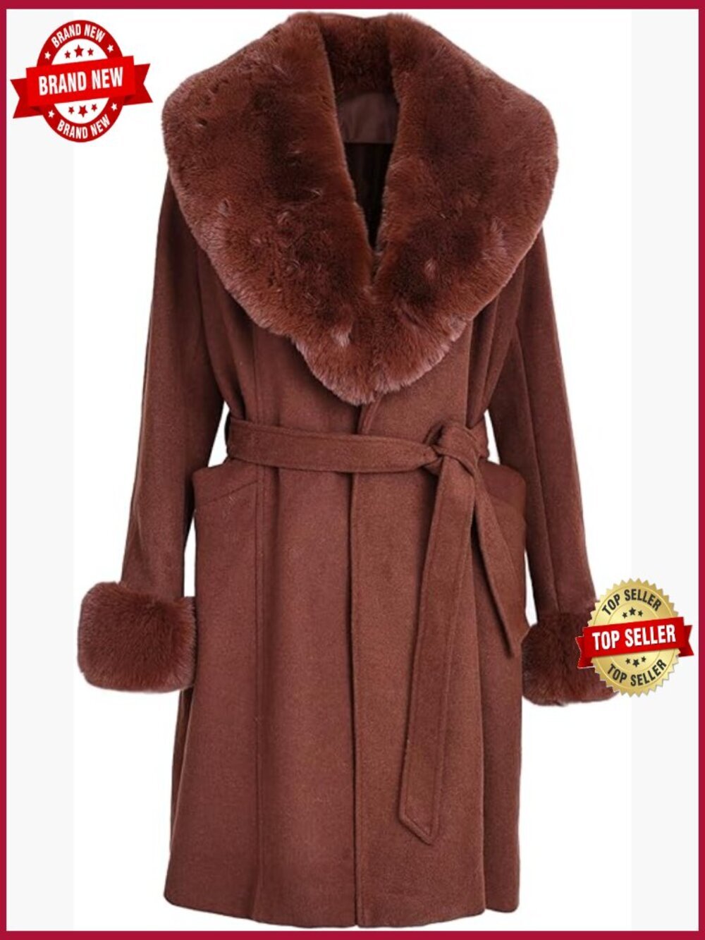 Faux Fur Collar Trench Coat Winter Warm Long Belted Overcoat